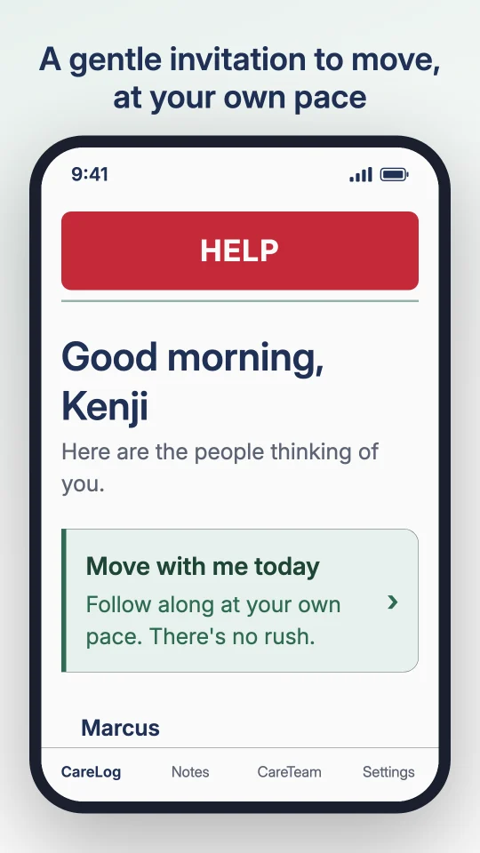 The Get Stronger invitation on the CareLog of a phone: a card reading Move with me today, Follow along at your own pace, There is no rush, captioned A gentle invitation to move, at your own pace.