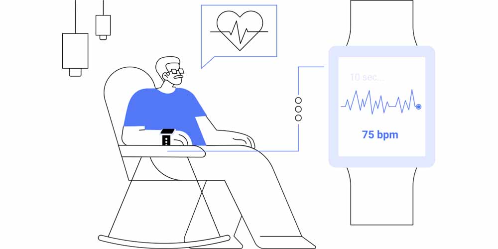 an illustration of a senior citizen sitting in a chair with a smartwatch and looking at a large, stylized smartwatch, displaying heartrate